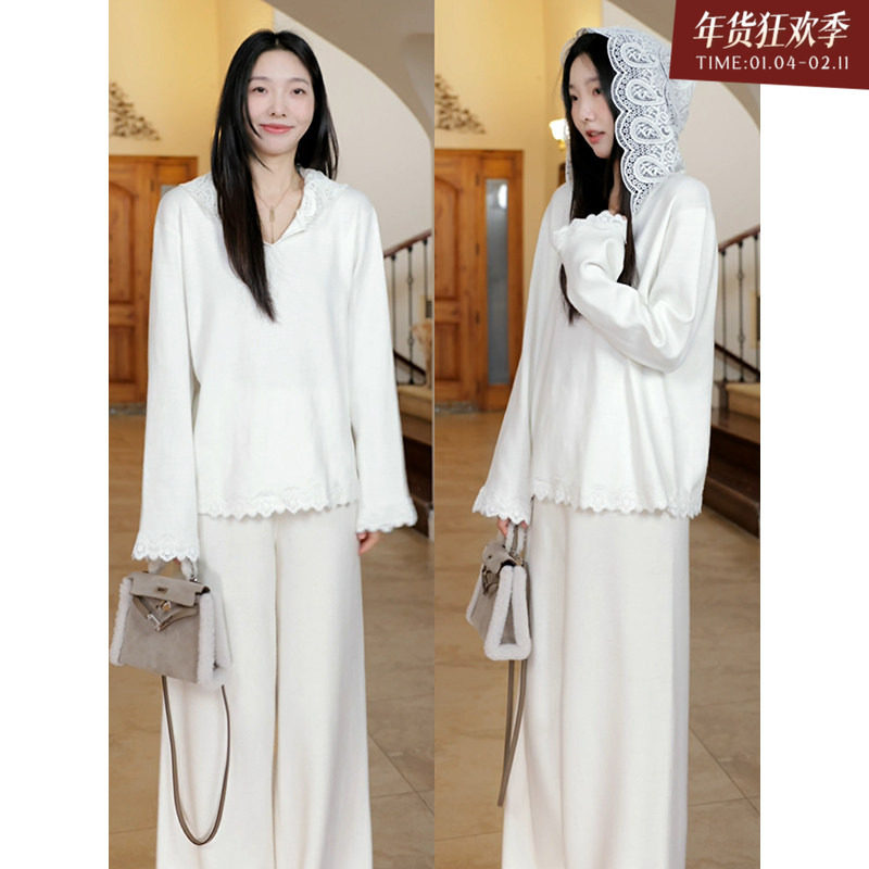 郭九九呢 羊.毛温柔风宽松显瘦连帽蕾丝毛衣秋冬上衣阔腿直筒裤,女装/女士精品,时尚套装,淘宝优惠券,粉丝福利购,淘宝优惠卷
