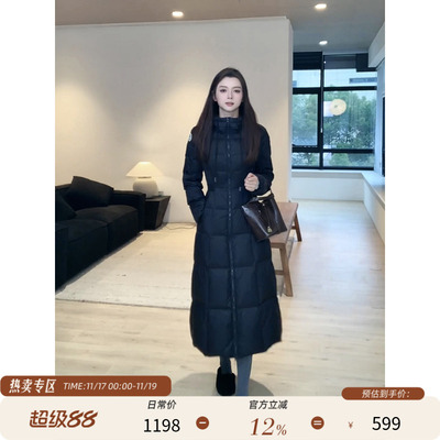 郭九九呢 90白鸭绒羽绒服冬季基础简约收腰显瘦连帽长款外套女