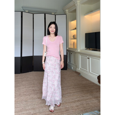 郭九九呢 法式U领显瘦针织短袖上衣夏季百搭碎花半身裙