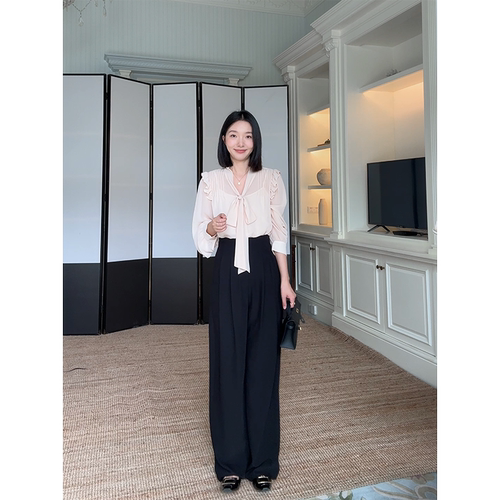 郭九九呢 气质荷叶边飘带衬衫设计感上衣高腰显瘦直筒西装长裤女