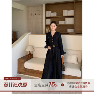 郭九九呢【黛蓝秋晚】法式牛仔长袖连衣裙秋复古高知气质v领长裙