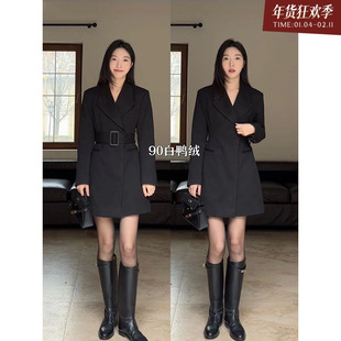 郭九九呢 90白鸭绒气质收腰短款西装羽绒服冬季显瘦外套含腰带