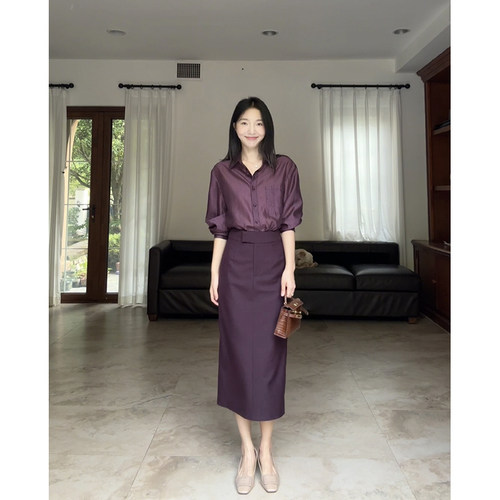 郭九九呢 天丝高级气质丝滑哑光显瘦衬衫上衣女百搭高腰开叉半裙