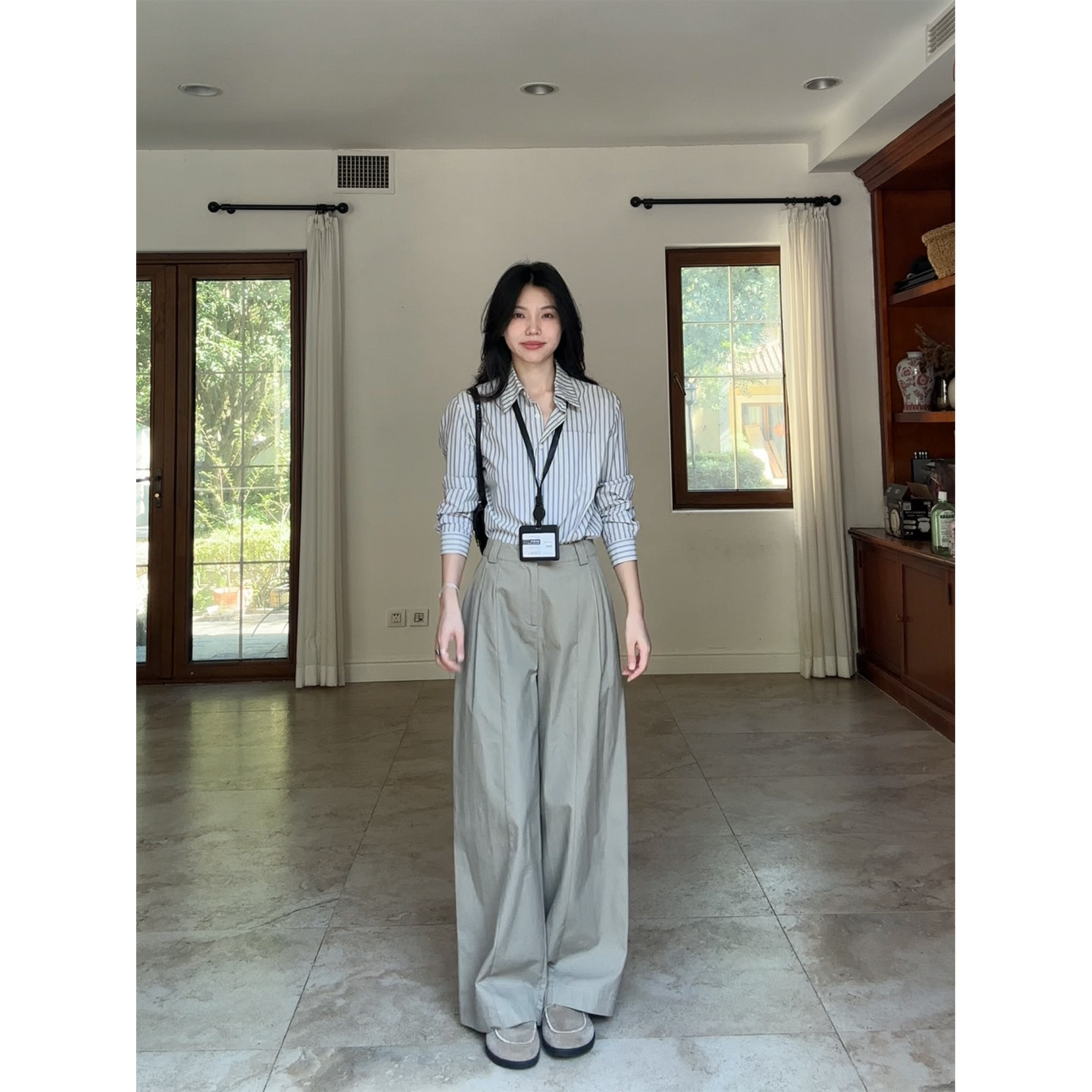 郭九九呢 100%棉简约休闲显瘦条纹衬衫夏季上衣直筒阔腿长裤女