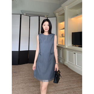 新款 郭九九呢 连衣裙夏季 气质简约宽松直筒显瘦拼接西装 裙子 无袖