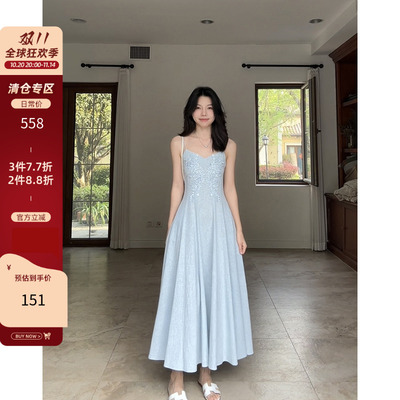 郭九九呢 亚麻棉设计感印花收腰显瘦伞摆吊带裙连衣裙夏季长裙