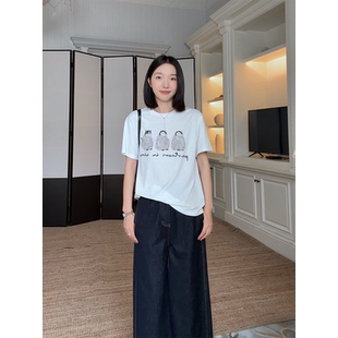 郭九九呢 棉印花宽松显瘦短袖 t恤夏季 上衣女九分撞色边阔腿牛仔裤
