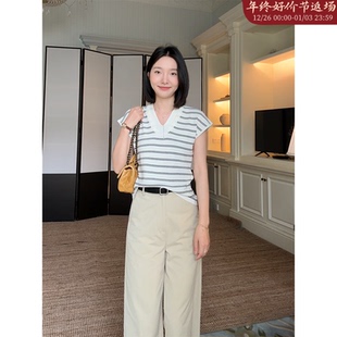 百搭上衣简约九分直筒裤 郭九九呢条纹假两件显瘦连肩针织短袖 夏季