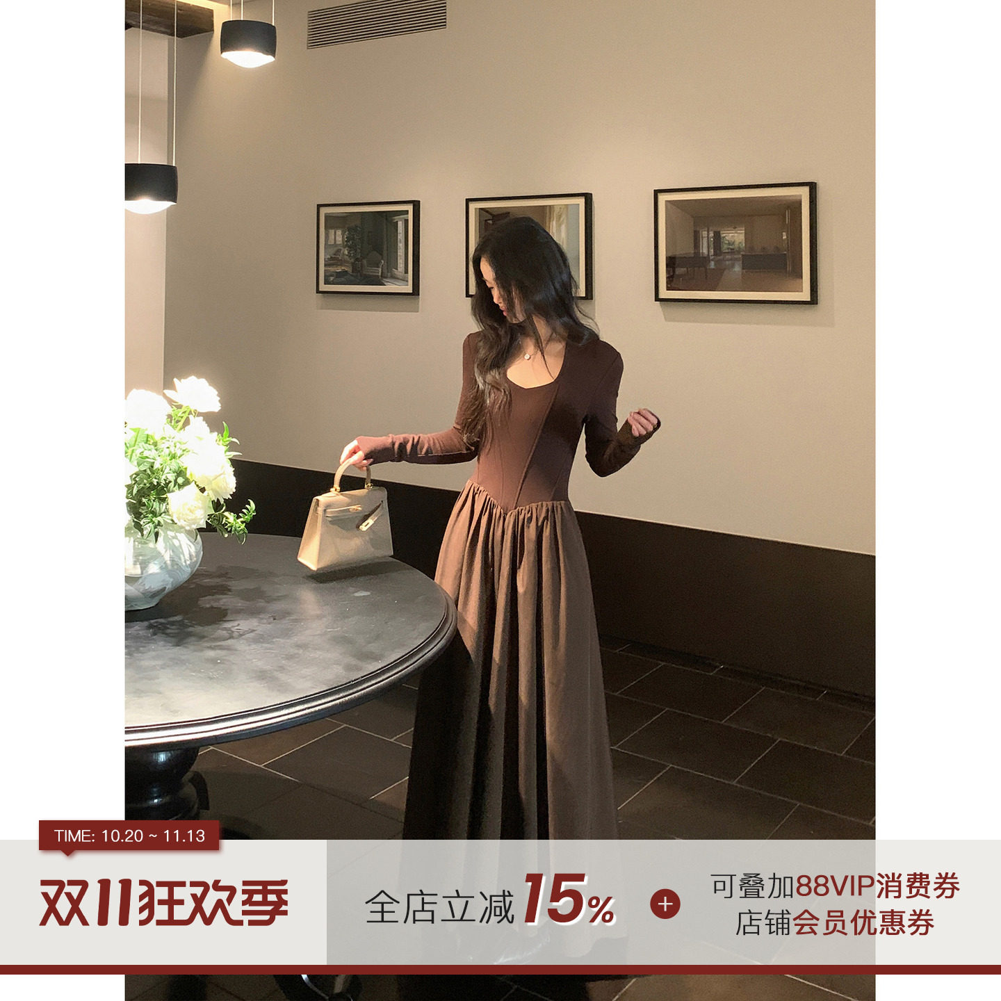 郭九九呢【摩卡玫瑰】法式复古连衣裙女秋冬方领修身显瘦气质长裙