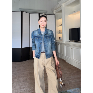 郭九九呢棉美式 百搭上衣 复古休闲正肩水洗做旧显瘦牛仔短外套秋季