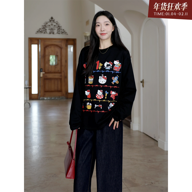 郭九九呢 纯棉kitty猫宽松休闲印花大版T恤秋季上衣阔腿牛仔裤女,女装/女士精品,时尚套装,淘宝优惠券,粉丝福利购,淘宝优惠卷