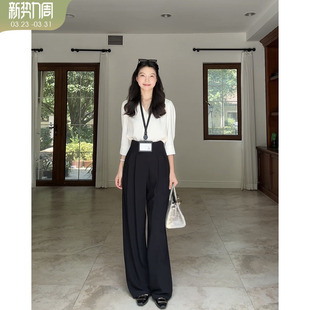 衬衫 上衣女夏季 高腰百搭西装 郭九九呢 长裤 气质显瘦7分袖 裤 法式