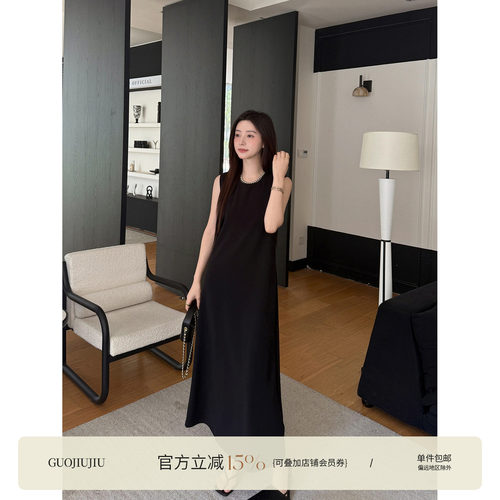 郭九九呢法式无袖小黑裙女夏