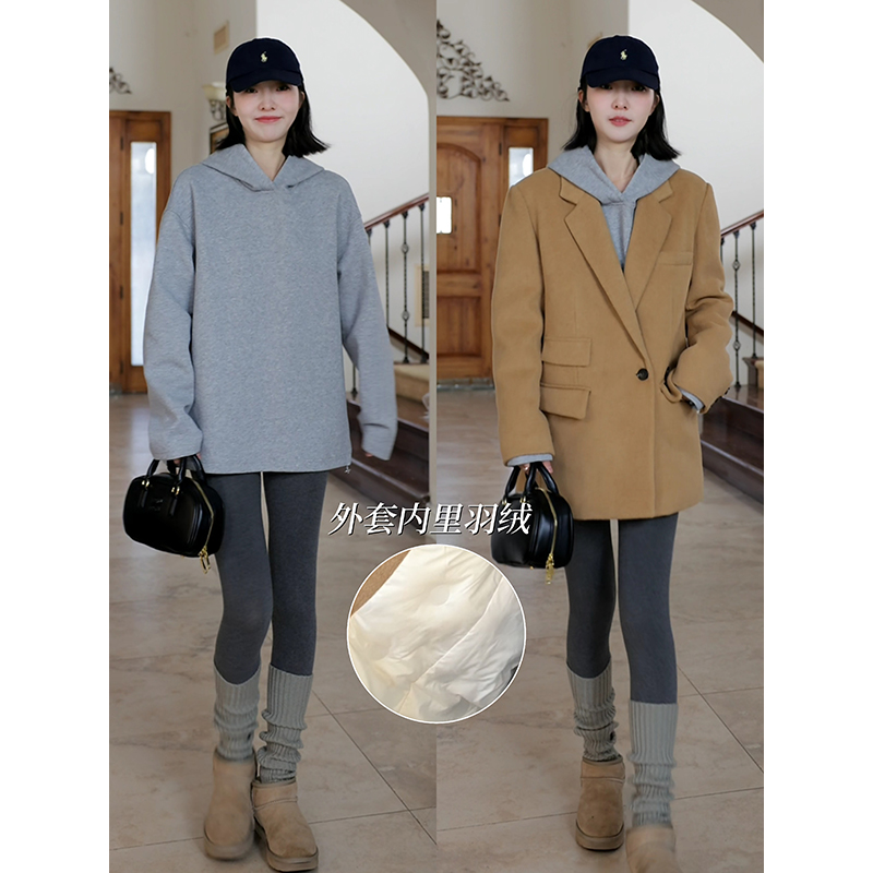 郭九九呢 羽绒服90白鸭绒毛呢外套冬季百搭上衣棉质宽松连帽卫衣