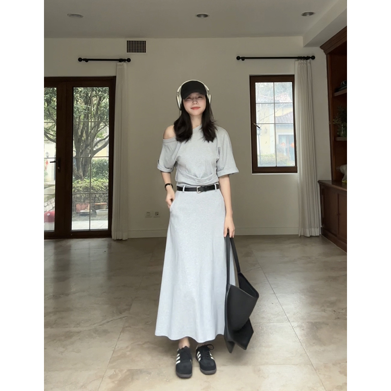 郭九九呢 棉慵懒休闲风露肩T恤设计感短袖上衣高腰半身裙(送腰带)