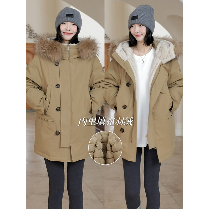 郭九九呢 冬季百搭羽绒服90白鸭绒纯棉派克连帽宽松真毛领外套