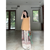 百搭宽松老钱风显瘦阔腿裤 上衣夏季 天丝亚麻简约V领无袖 郭九九呢