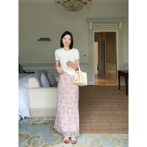 郭九九呢 棉质基础百搭显瘦短袖t恤夏季新款上衣碎花花边半身裙