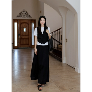 T恤女夏 马甲基础百搭短袖 郭九九呢 天丝亚麻开叉半身裙显瘦西装