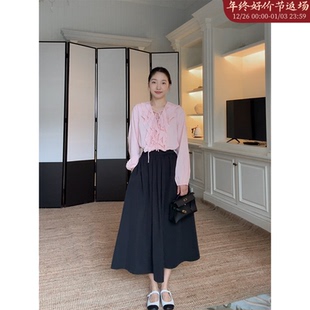 上衣高腰伞摆半身裙 秋季 郭九九呢 气质荷叶边宽松系带显瘦衬衫