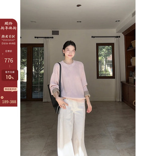 拼色毛衣秋冬上衣高腰直筒阔腿裤 郭九九呢 羊毛圆领宽松落肩袖