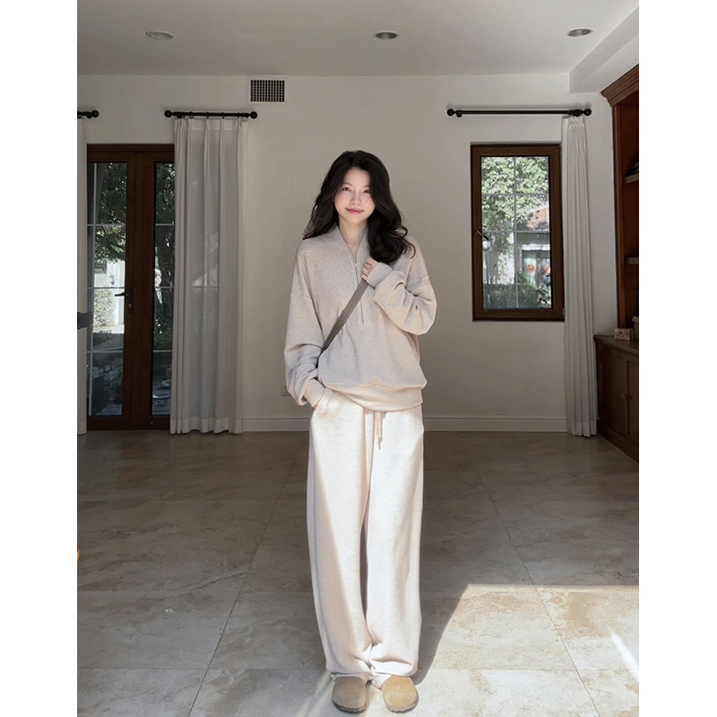 郭九九呢 休闲V领落肩袖宽松拉链上衣秋冬新款百搭显瘦阔腿直筒裤,女装/女士精品,时尚套装,淘宝优惠券,粉丝福利购,淘宝优惠卷