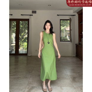 郭九九呢 亚麻棉气质简约圆领收腰显瘦无袖背心连衣裙夏季长裙