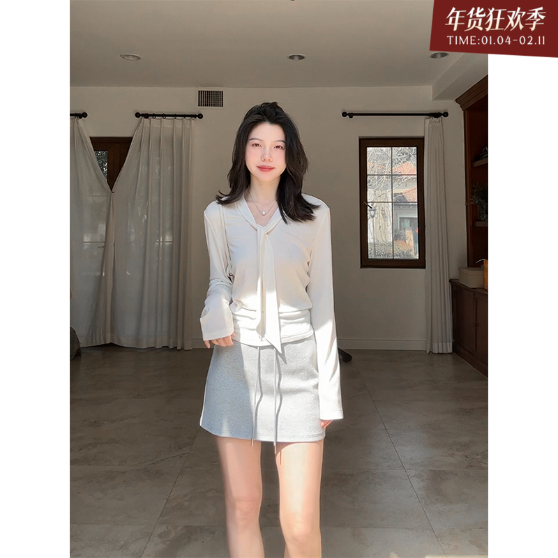 郭九九呢 天丝羊毛温柔气质V领飘带上衣新款百搭显瘦休闲抽绳半裙,女装/女士精品,时尚套装,淘宝优惠券,粉丝福利购,淘宝优惠卷