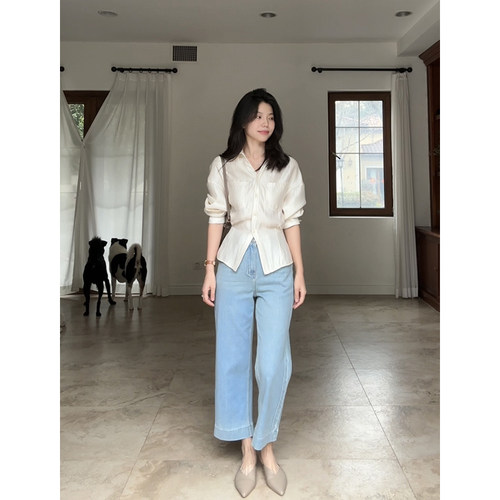 郭九九呢 气质收腰落肩袖长袖衬衫设计感小众上衣九分直筒牛仔裤