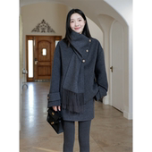 百搭外套高腰a字半裙 新款 郭九九呢 羊毛围巾可拆卸双面呢大衣冬季