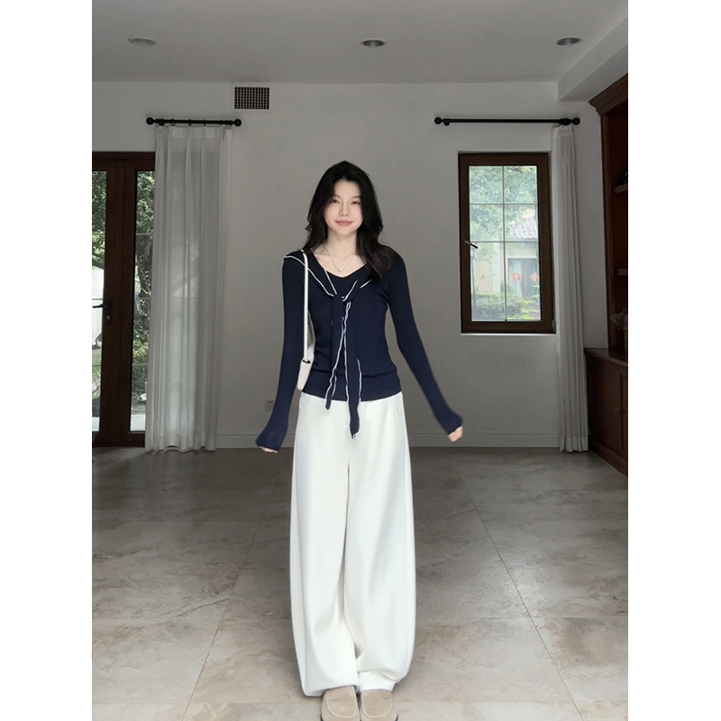 郭九九呢羊毛海军风飘带修身撞色针织衫秋季显瘦上衣休闲弯刀卫裤