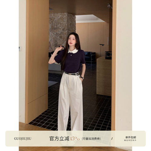 郭九九呢 棉拼接撞色polo衫短袖T恤夏季百搭上衣简约百搭高腰裤