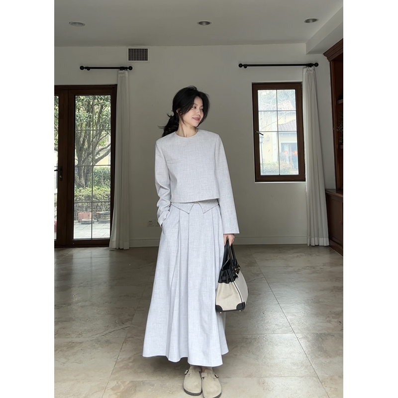 郭九九呢 气质宽松显瘦假两件西装上衣春秋百搭压褶伞摆半身裙