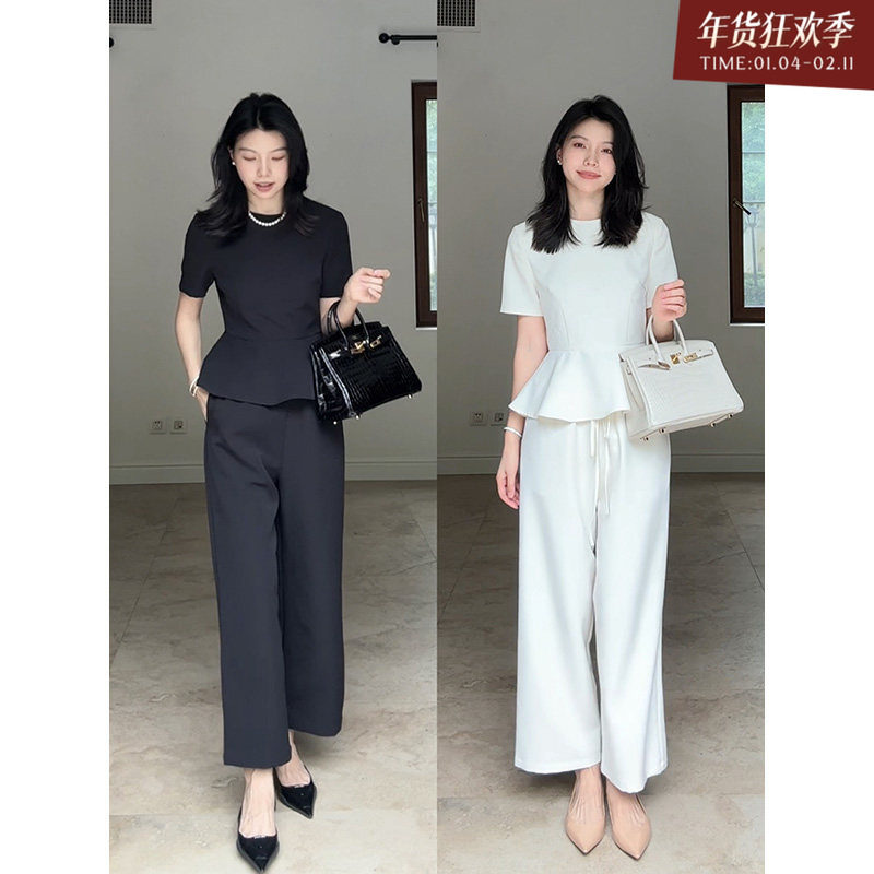 郭九九呢 法式优雅收腰显瘦短袖上衣夏季百搭直筒西装九分裤女,女装/女士精品,时尚套装,淘宝优惠券,粉丝福利购,淘宝优惠卷