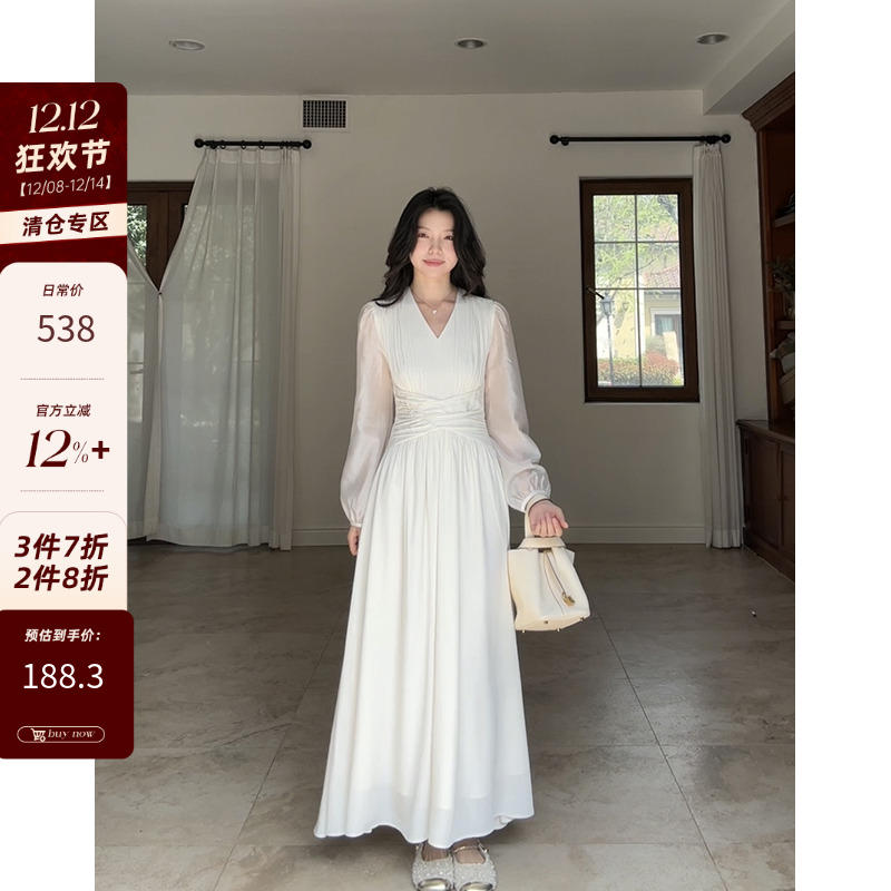 郭九九呢 法式温柔气质褶皱收腰显瘦拼接长袖连衣裙春季新款长裙