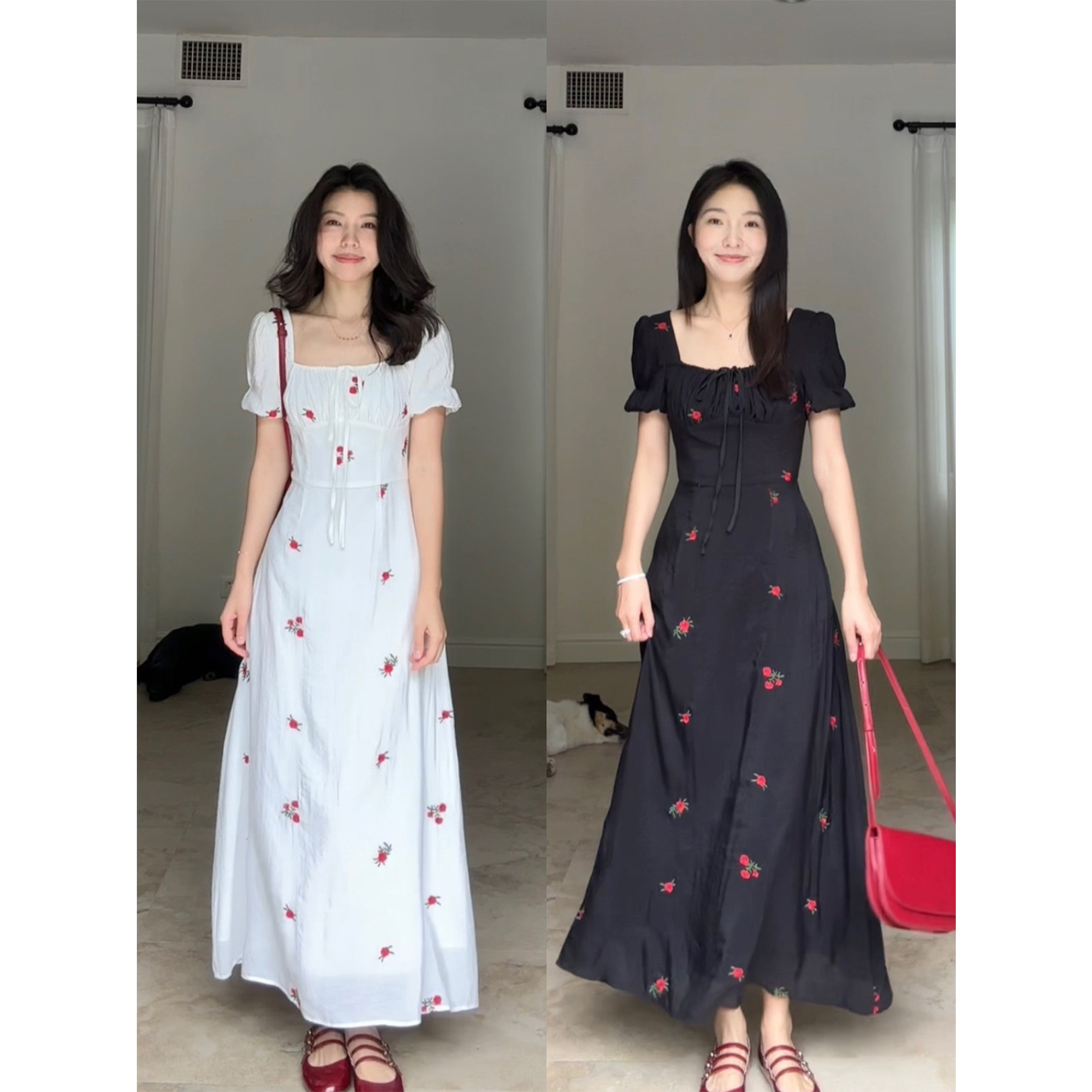 【【年终清仓 售完不补】】甜美碎花刺绣收腰抽绳方领连衣裙长裙