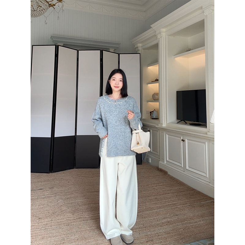 郭九九呢 羊毛仙气温柔重工亮片珍珠毛衣秋冬上衣休闲弯刀卫裤