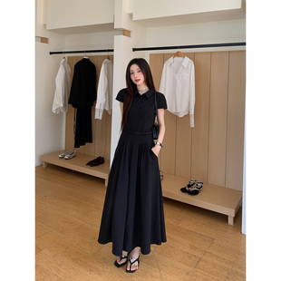 郭九九呢法式高智感穿搭polo领收腰显瘦连衣裙女夏新款长裙小黑裙