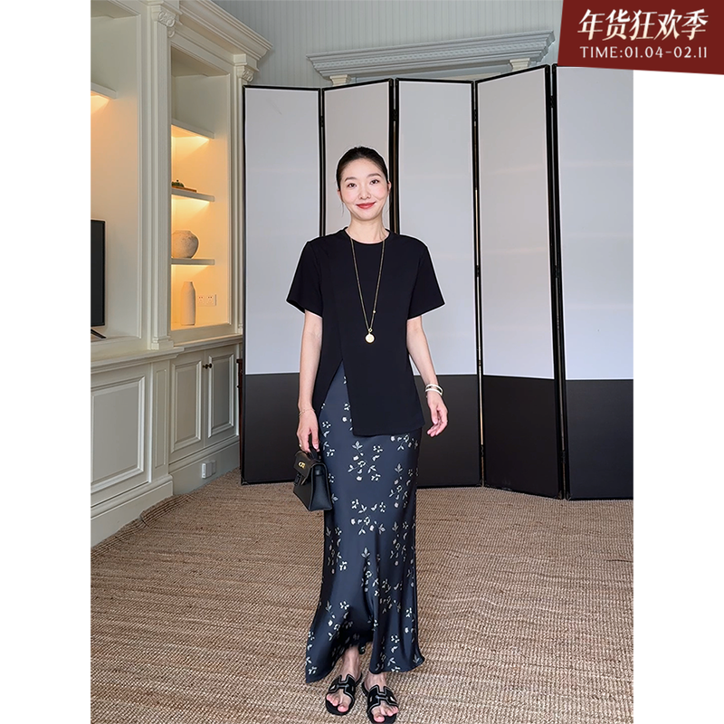 郭九九呢 棉简约宽松显瘦开衩短袖T恤夏季小众上衣印花鱼尾半身裙,女装/女士精品,时尚套装,淘宝优惠券,粉丝福利购,淘宝优惠卷