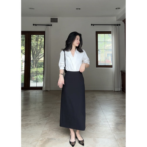 郭九九呢法式V领斜门襟显瘦5分袖衬衫夏季百搭上衣开衩西装半身裙