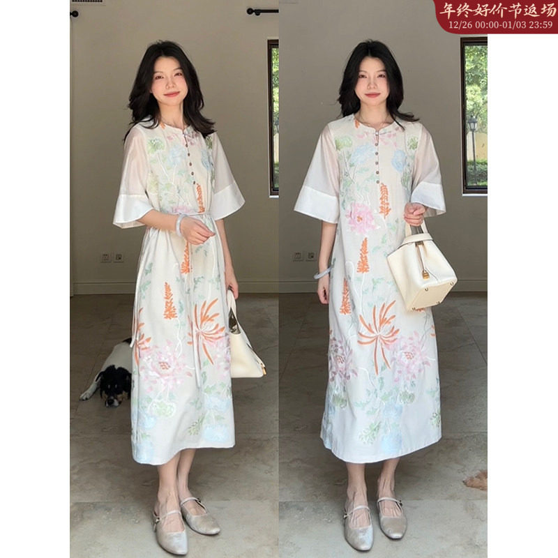 郭九九 亚麻新中式刺绣拼接宽松显瘦连衣裙夏季度假风长裙含腰带