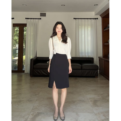 郭九九呢 法式V领气质职业通勤缎面衬衫女夏季不规则西装半身裙