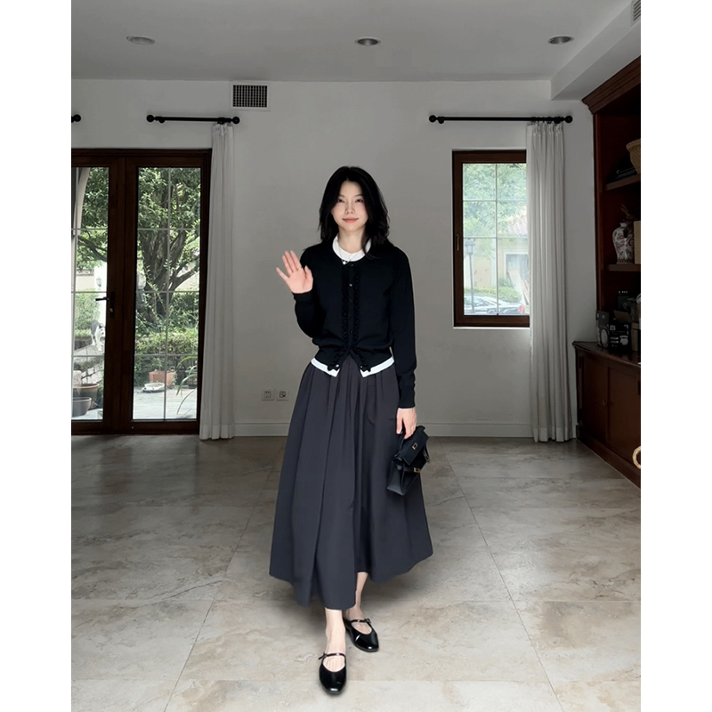 郭九九呢羊毛假两件拼色花边针织衫秋季显瘦上衣高腰伞摆显瘦半裙