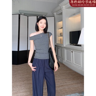 上衣宽松垂感阔腿裤 郭九九呢 新款 T恤夏季 棉质露肩斜肩设计感短袖