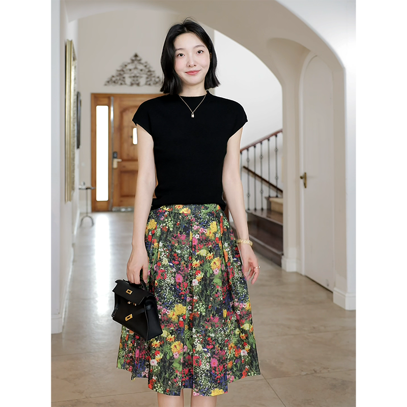 郭九九呢 桑蚕丝羊毛简约百搭短袖夏季气质上衣花色半身裙