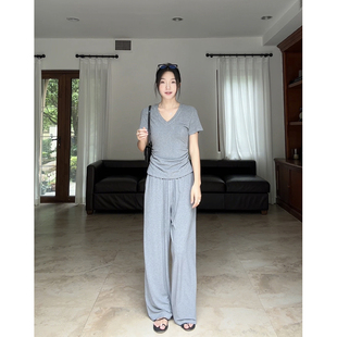 拖地裤 郭九九呢 百搭休闲裤 慵懒风通勤薄款 垂顺V领正肩T恤女夏季