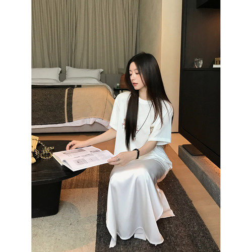 郭九九呢 天丝亲肤宽松印花短袖T恤女夏2026新款开叉半身裙套装裙