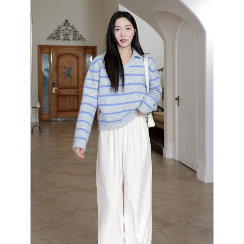 郭九九呢羊.毛条纹宽松显瘦polo领v领毛衣秋冬上衣百搭休闲气球裤