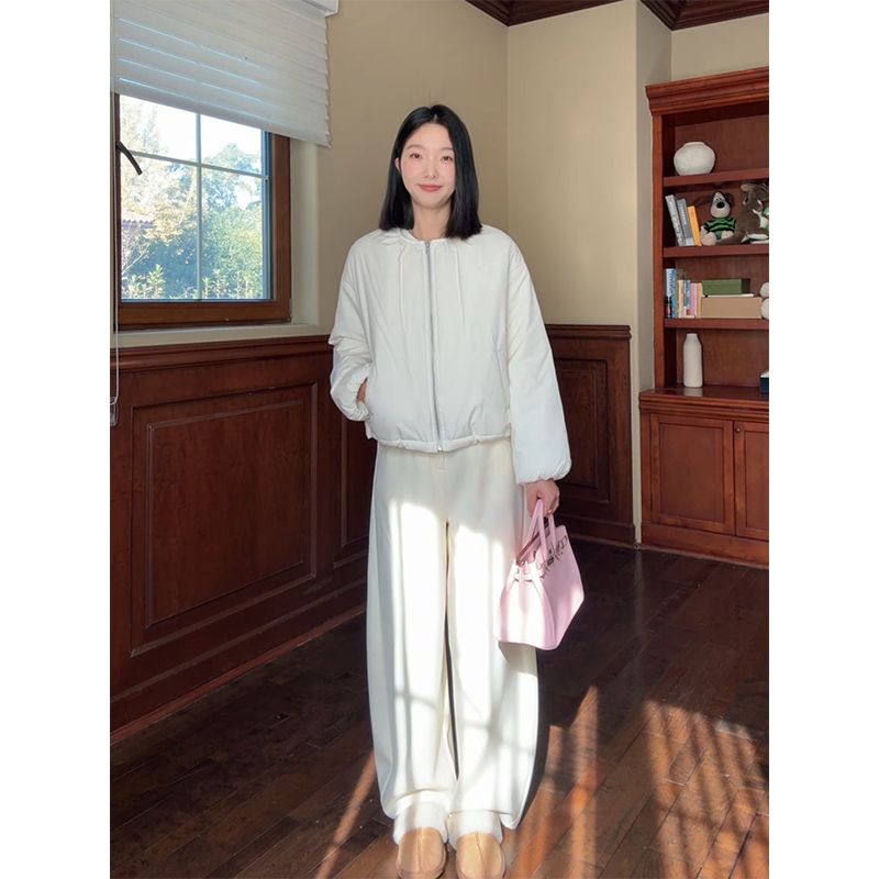 郭九九呢 棉气质简约圆领宽松夹棉短外套冬季百搭上衣加绒弯刀裤