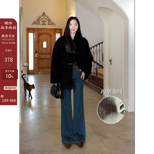 百搭牛角扣毛毛外套 冬季 郭九九呢 棉质显瘦高腰加绒微喇牛仔裤